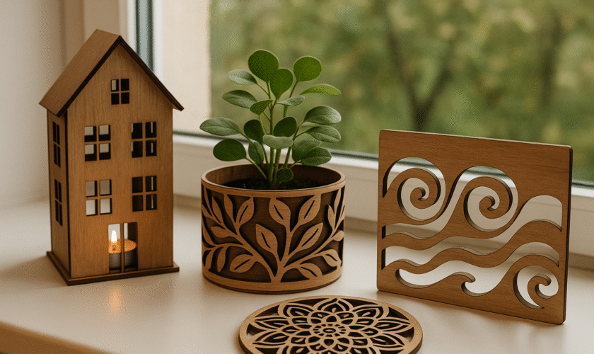 houten woonaccessoires voor op de vensterbank