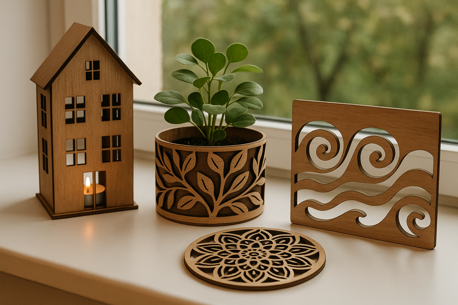 houten woonaccessoires voor op de vensterbank